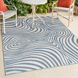 Maribo High-Low Abstract Groovy Striped 8' x 10' Indoor/Outdoor Area Rug - Dark Blue/Cream