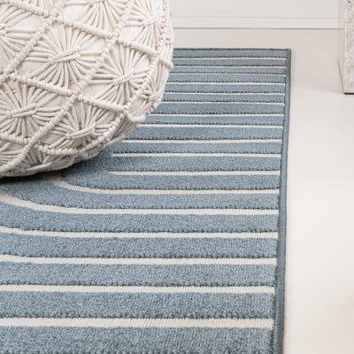 Anders High-Low Mid-Century Modern Arch Stripe Two-Tone 2' x 8' Indoor/Outdoor Runner Rug - Navy/Cream