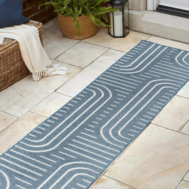 Anders High-Low Mid-Century Modern Arch Stripe Two-Tone 2' x 8' Indoor/Outdoor Runner Rug - Navy/Cream