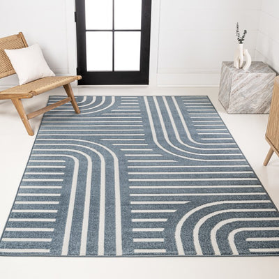 Anders High-Low Mid-Century Modern Arch Stripe Two-Tone 5' x 8' Indoor/Outdoor Area Rug - Navy/Cream