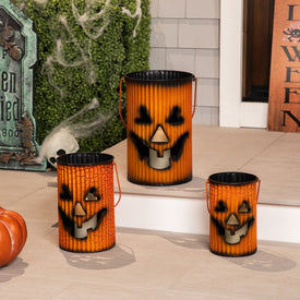Three-Piece Black and Orange Metal Pumpkin Lantern Set Halloween Decoration