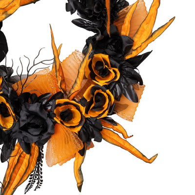 14" Unlit Skull with Black and Orange Roses Halloween Wreath