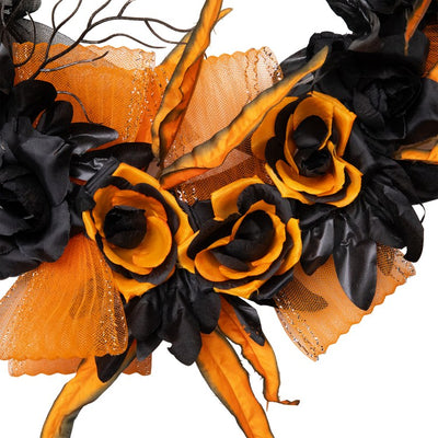 14" Unlit Skull with Black and Orange Roses Halloween Wreath