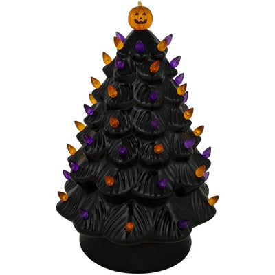14.75" LED Lighted Ceramic Halloween Tree with Pumpkin - Black