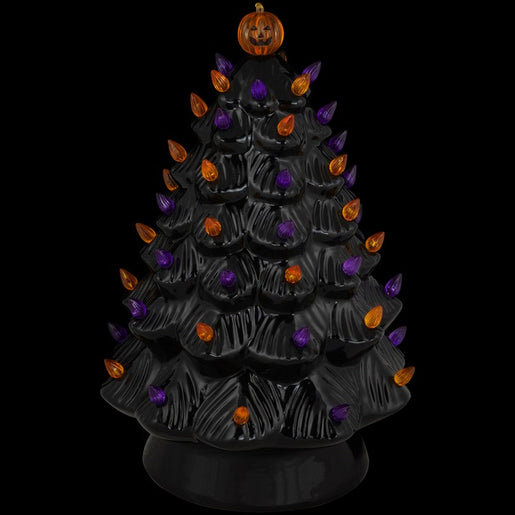 14.75" LED Lighted Ceramic Halloween Tree with Pumpkin - Black
