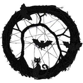 13" LED Lighted Black Twig Halloween Wreath with Bats and Purple Lights