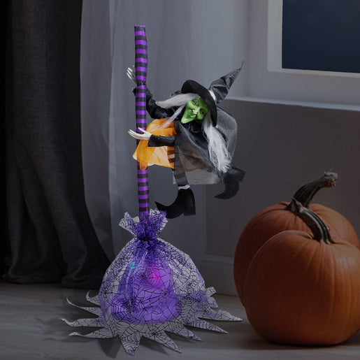 25" Animated Flying Witch with Broom Halloween Decoration