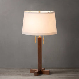 Table Lamp Swiss Cross Susan Frank 2 Lamp Dark Walnut/Weathered Brass White Cotton Linen Wood