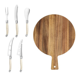 Knife Set with Cheese Board 6PC Ivory Acrylic/Stainless Steel/Wood