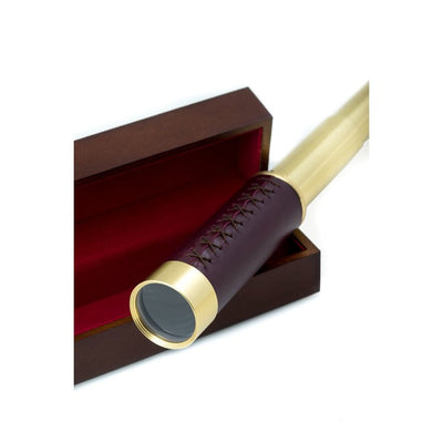 Brass 30mm Telescope with 25X Magnification and Brown Leather Trim in Wood Presentation Box - OPEN BOX