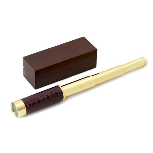 Brass 30mm Telescope with 25X Magnification and Brown Leather Trim in Wood Presentation Box - OPEN BOX