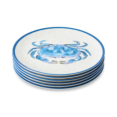 Dinner Plate Set Beach House Crab 6PC 11 Inch Blue/White Melamine