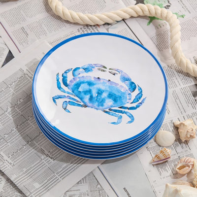 Dinner Plate Set Beach House Crab 6PC 11 Inch Blue/White Melamine