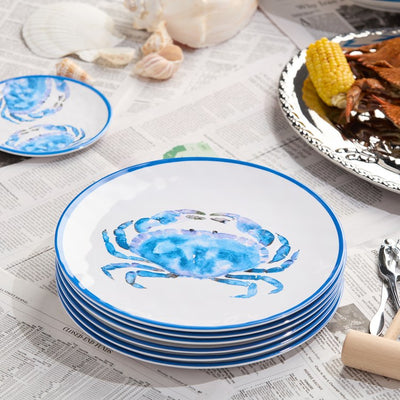 Dinner Plate Set Beach House Crab 6PC 11 Inch Blue/White Melamine