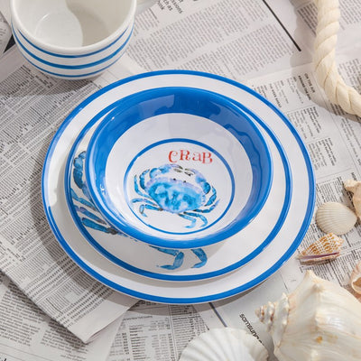 Dinner Plate Set Beach House Crab 6PC 11 Inch Blue/White Melamine