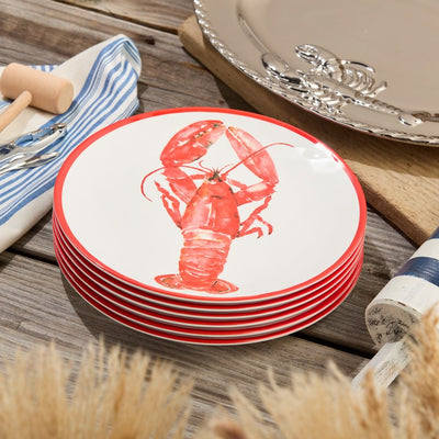 Dinner Plate Set Beach House Lobster 6PC 11 Inch Red/White Melamine