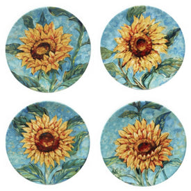 Salad Plate Set Golden Sunflowers 4 Piece Multicolored Earthenware