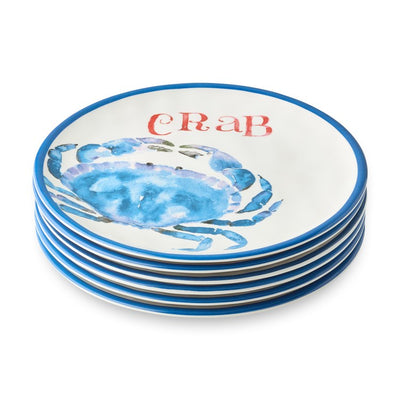 Salad Plate Set Beach House Crab 6 Piece Blue/White Melamine