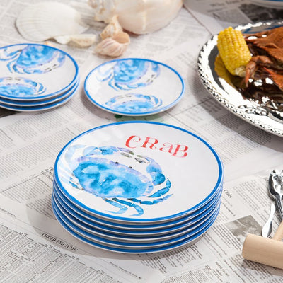 Salad Plate Set Beach House Crab 6 Piece Blue/White Melamine