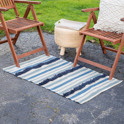 3.5' x 2.25' Blue Cream and Black Striped Handloom Woven Outdoor Accent Throw Rug