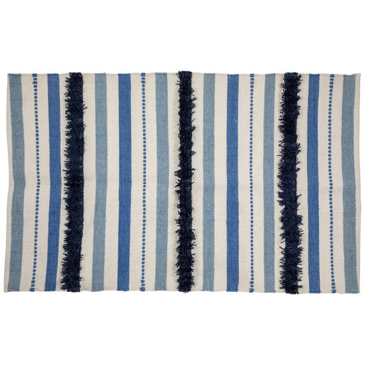 3.5' x 2.25' Blue Cream and Black Striped Handloom Woven Outdoor Accent Throw Rug