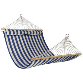 9' x 55" Striped Macrame Quilted Two Person Double Hammock with Pillow - Blue/Cream