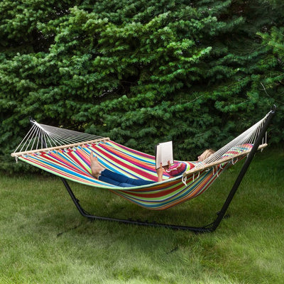 9' x 55" Striped Macrame Quilted Two Person Double Hammock with Pillow - Multicolored