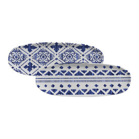 Platter Set Maya 2 Design Large Shallow Oval 4 Piece Ivory/Dark Blue Stoneware