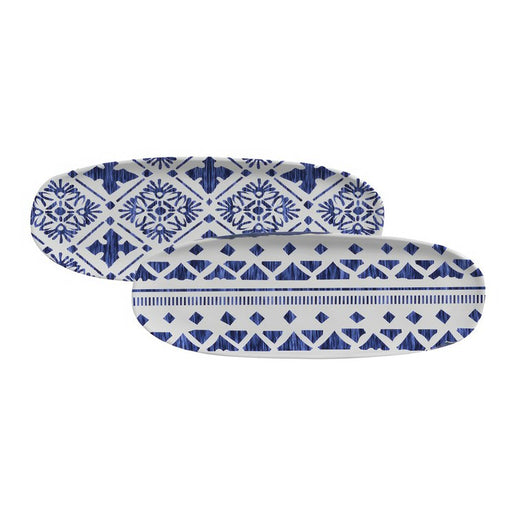 Platter Set Maya 2 Design Large Shallow Oval 4 Piece Ivory/Dark Blue Stoneware