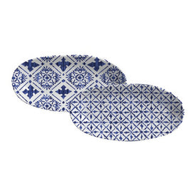 Platter Set Maya 2 Design Large Deep Oval 4 Piece Ivory/Dark Blue Stoneware