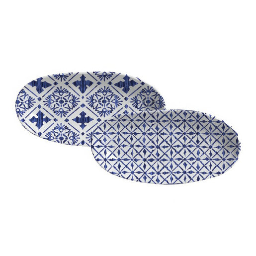 Platter Set Maya 2 Design Large Deep Oval 4 Piece Ivory/Dark Blue Stoneware