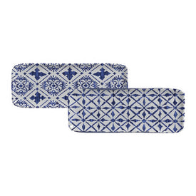 Platter Set Maya 2 Design Rectangular 4 Piece Ivory/Dark Blue Stoneware
