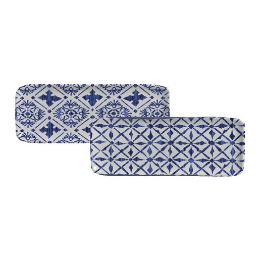Platter Set Maya 2 Design Rectangular 4 Piece Ivory/Dark Blue Stoneware