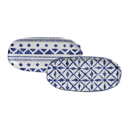 Platter Set Maya 2 Design Shallow Oval 4 Piece Ivory/Dark Blue Stoneware