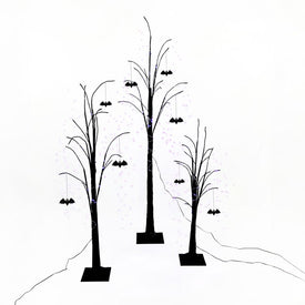 Seasonal Decor Set of 3 Trees with Bats and Purple LED Lights Halloween Black/Purple Plastic 3 Piece