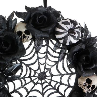 Artificial Wreath Floral with Pumpkins Skulls and Spiderweb 15 Inch Multicolored Plastic Halloween