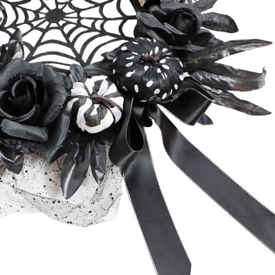 Artificial Wreath Floral with Pumpkins Skulls and Spiderweb 15 Inch Multicolored Plastic Halloween