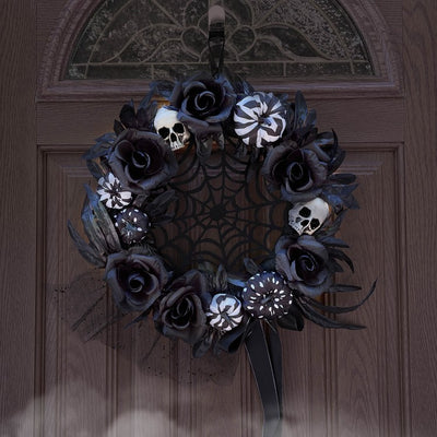 Artificial Wreath Floral with Pumpkins Skulls and Spiderweb 15 Inch Multicolored Plastic Halloween