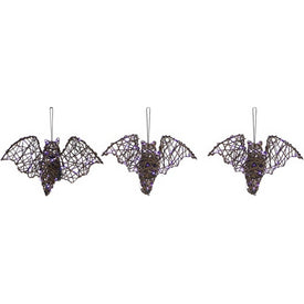 Seasonal Decor Set of 3 Battery Operated Rattan Bats with Hanging Loops Purple Lights and Timer for Modern Farmhouse Halloween Brown Plastic 3 Piece