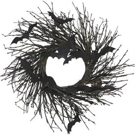 Artificial Wreath Twig Battery Operated with LED Lights and Flying Bats 15 Inch Brown Plastic Halloween