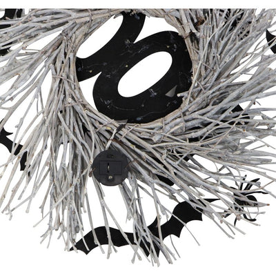 Artificial Wreath Twig Battery Operated with LED Lights Boo Sign Bats and Spiders 15 Inch Brown Plastic Halloween