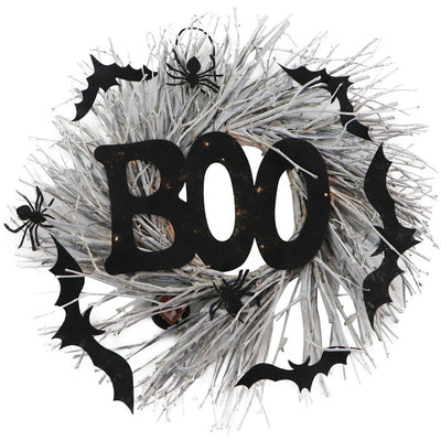 Artificial Wreath Twig Battery Operated with LED Lights Boo Sign Bats and Spiders 15 Inch Brown Plastic Halloween