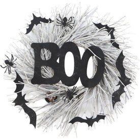 Artificial Wreath Twig Battery Operated with LED Lights Boo Sign Bats and Spiders 15 Inch Brown Plastic Halloween