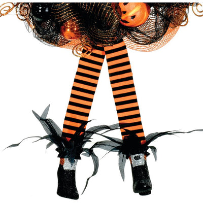 Artificial Wreath Witch Hat and Legs Pumpkins and Ornaments 24 Inch Black/Orange Plastic Halloween