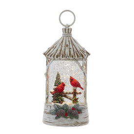 10" Battery Operated USB LED Lighted Lantern with Cardinals and Spinning Glitter Water