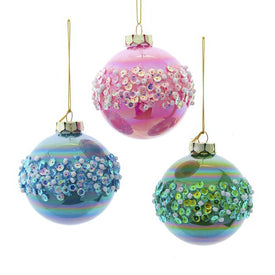 80MM Glass Pink, Blue and Green Glittered Ball Ornaments, 6-Piece Box