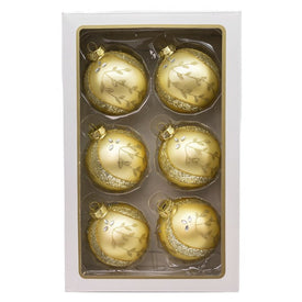 80MM Glass Gold Leaf with Jewels and Glitter Ball Ornaments, 6-Piece Box