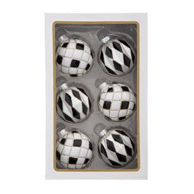 80MM Glass Black, White and Gold Checkered Ball Ornaments, 6-Piece Box
