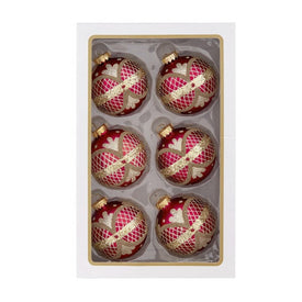 80MM Glass Matte Red with Green and Gold Glitter Ball Ornaments, 6-Piece Box