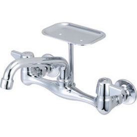 Kitchen Faucet with Soap Dish 8 Inch Spread 2 Lever ADA Polished Chrome Swivel 2 Hole Wall Mount 1.5 Gallons per Minute